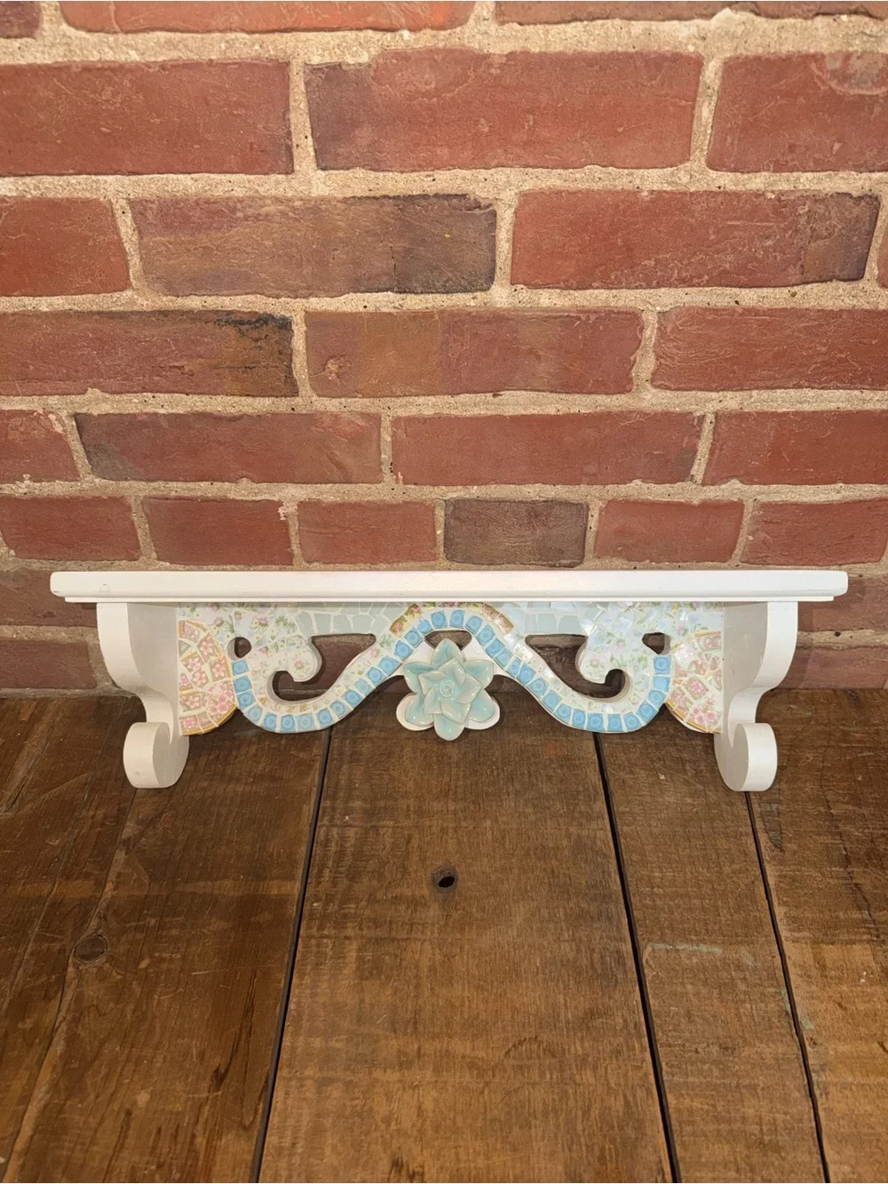 White Decorative Wall Shelf with Pastel Mosaic Accent Beach Coral Floral